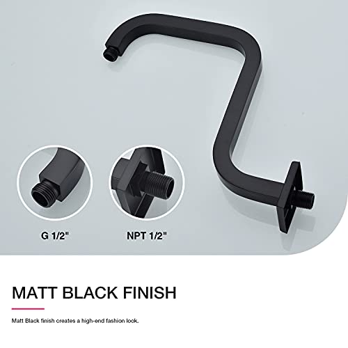 Trustmi Square Shower Arm With Flange 12 Inch Rainfall Shower Head High Rise Extension Arm, Wall Mounted S Shaped Shower Arm Stainless Steel, Matte Black #TOP4