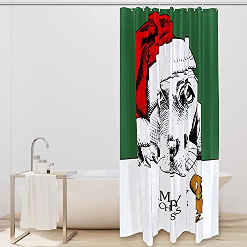 Rideau de douche rigolo chien de Noël 182 cm avec chapeau rouge et crochets inclus