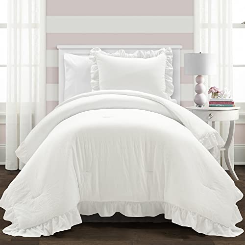 Lush Decor Reyna Ruffle Comforter Set - 2 Piece Twin Size Ruffle Comforter Set - Elegance for Dorm Room - Twin XL Pure White