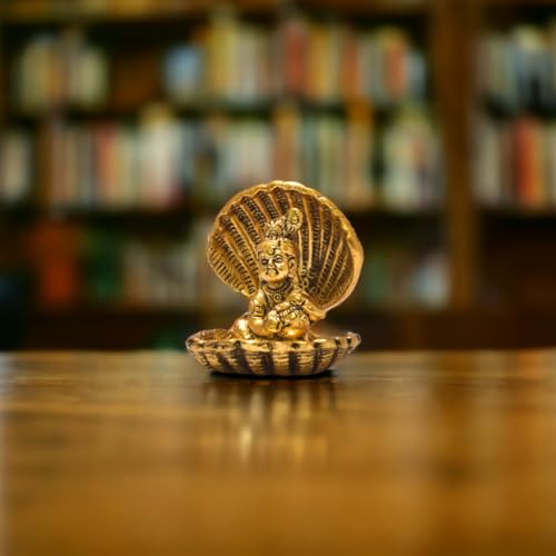 Image of KridayKraft Shri Krishna Sitting Under Seep Laddu Gopal with seep Base Metal Statue Showpiece Figurines,Religious Idol Gift Article.