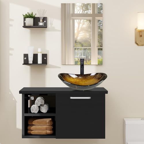 ZealWe Badmöbel Set Waschbecken Waschtisch mit Unterschrank Waschbeckenunterschrank und Spiegel, Badezimmermöbel mit Badezimmerschrank hängend, Wandregal, Aufsatz-Waschbecken(Schwarz Gold)