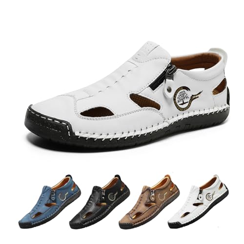 Men's Leather Fisherman Sandals Slip-On Closed Toe Breathable Loafers for Walking,Driving&Outdoor Side Zipper Hand-Sewn Comfort