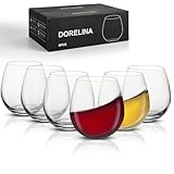 DORELINA Stemless Wine Glasses Set of 6 – 15oz Elegant Modern Red & White Wine Glasses for Everyday Use, Dishwasher Safe, Shatter-Resistant Crystal-Ergonomic Design, Drinking Glasses Gifts