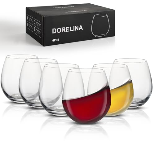 DORELINA Juego de 6 copas de vino sin tallo de 170.1 g - Elegantes y modernas copas de vino tinto y blanco para uso diario, aptas para lavavajillas, diseño ergonómico de cristal resistente a los