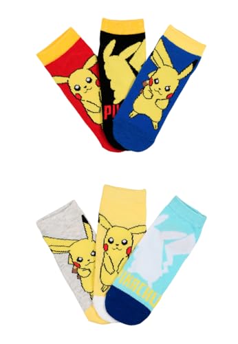 Pokemon Socken Kinder 6 Paar Pikachu Sneaker Socken Jungen Kindersocken aus Baumwolle bequeme Kurzsocken mit Motiv (DE/NL/SE/PL Numerisch 27 30 Regular)