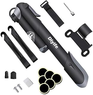 Diyife Bike Pump with Pressure Gauge, [120 PSI] [17 in 1] Mini Bicycle Pump for All Bikes, Ball Pump with Needle, Glueless Patch Kit, Cycle Valve Caps and Frame Mount, Fit Presta and Schrader Valve