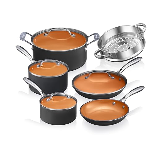 Image of GOTHAM STEEL 15 Pc Ceramic Cookware Set, Ceramic Pots and Pans Set Non Stick with Cooking Utensils and Steamer, Non Toxic PFOA PFOS Free, Premium Stay Cool Handles, Oven & Dishwasher Safe