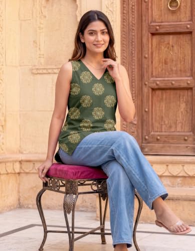 Image of Women's Printed Sleeveless Cotton Kurti Top with V-Neck, Straight Fit Casual Ethnic Tunic for Office, Daily & Casual Wear
