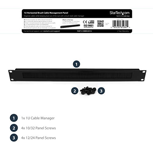 StarTech.com Panneau Gestion de Câbles Horizontal pour Racks de Serveurs 1U - Passe Câbles en Acier avec Brosse (CMBRUSH1U)