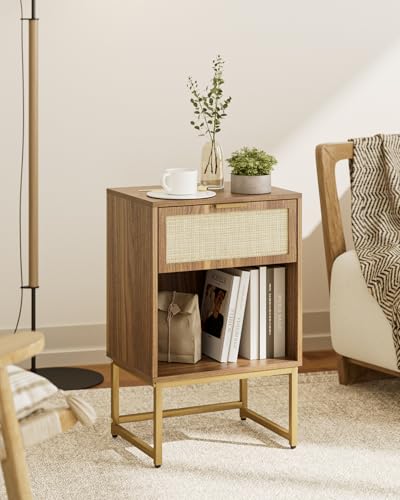 Image of Masupu Rattan Nightstand,Modern Night Stand Boho Farmhouse Wood Bedside Table with Storage Drawer Side End Table for Bedroom, Office,Walnut Brown