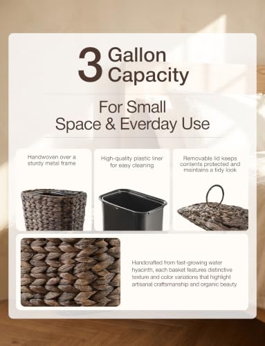 Image of Tidita 3 Gallon Large Wicker Trash Can with Lid, Boho Bathroom Garbage Can | Water Hyacinth Construction, Space-Saving Shape, Reinforced Inner Iron Frame, Removable Liner For Easy Emptying, Black Color