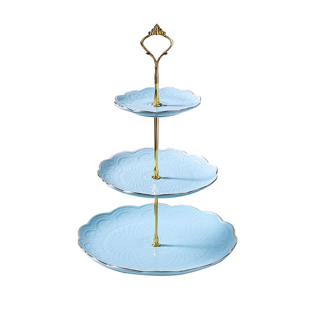 Présentoir à gâteaux à 3 étages en céramique couleur macaron avec bordure dorée et tige en forme de couronne - Bleu