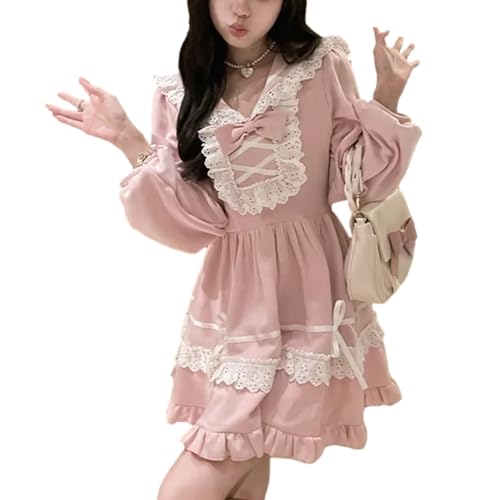 Lolita Kawaii Sailor Dress Teens Fall Casual Cute Lace Bow Long Sleeve High Waist Frilly Hem Party Junior Dresses