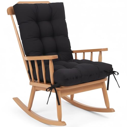 OMISTAR 2 PCS Black Rocking Chair Cushions, Indoor Outdoor Patio Furniture Pads, High Back Seat Cushion Set with Ties, Soft Polyester Porch Rocker Pads for Garden, Comfortable Armchair Covers
