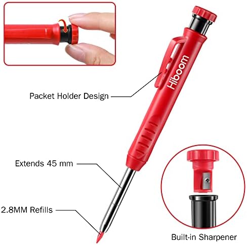 Hiboom 4 Pcs Mechanical Carpenter Pencils with 28 Pcs Refills, Deep Hole Marker Set Built in Sharpener, Woodworking Scribe Tools for Construction Drafting Architect (Black, Green, Red, Yellow)