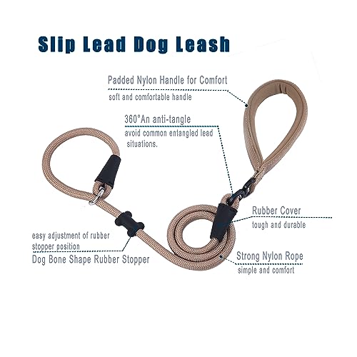 Slip Lead Dog Leash Strong Nylon Rope Leash with Comfortable Handles and Walking Training Lead for Small Medium Large Dogs (Khaki - Image 2