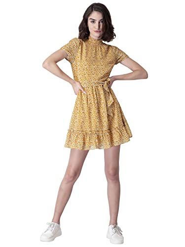 Image of FabAlley Women's Georgette Skater Regular Yellow Floral Belted High Neck Dress