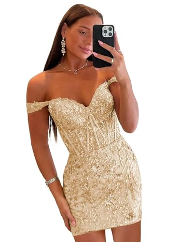 Sparkly Sequin Short Homecoming Dresses for Teens Off The Shoulder Tight Prom Cocktail Party Gown
