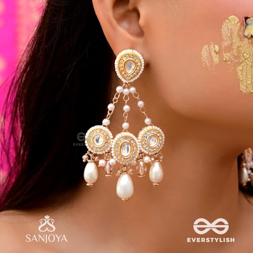 Image of SANJOYA by EVERSTYLISH Kundan Earrings for Women | Golden Polki & Pearl Drop Dangler Earrings | Ethnic Jewelry for Weddings, Festivals & Special Occasions