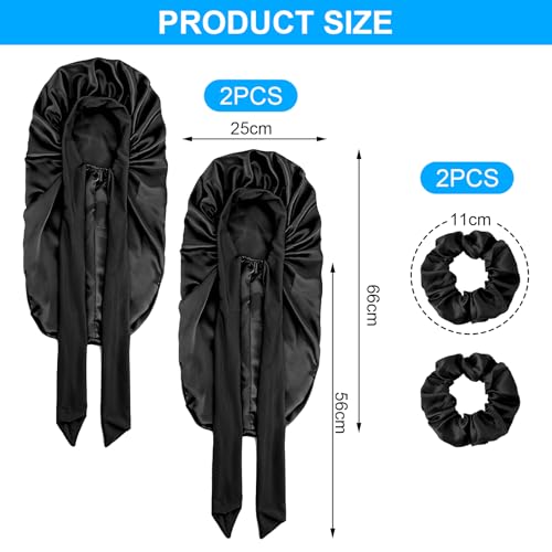 2pcs Bonnet Sleep Cap und 2pcs Haargummi Schwarz , Seidenhaube Zum Schlafen Lange Haare Haar Haube Zum Schlafen Seiden Haarhaube für Die Nacht Seidenhaube Haare Schlafhaube Seide Lange Haare SchüTzen