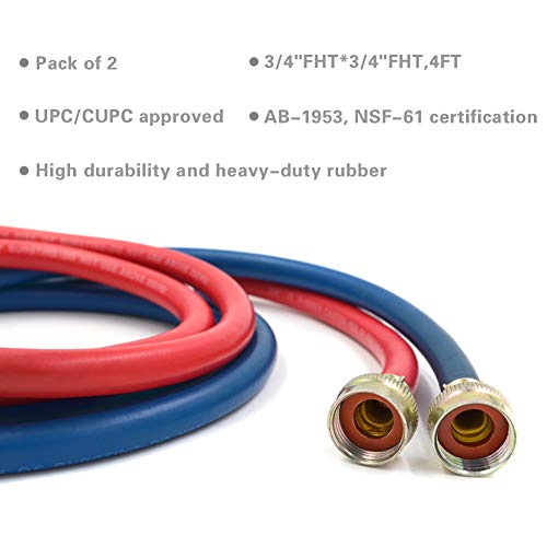 Washing Machine Hoses Rubber, Hot and Cold Color Coded Water Supply Line by TT FLEX, 3/4"FHT by 3/4"FHT 4FT,2 Pack