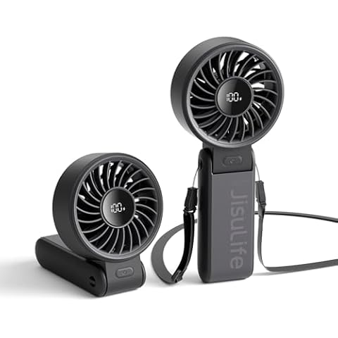 JISULIFE Handheld Fan Life7,2024 Powerful Portable Fan with LED Display[19.5Hrs Max Cooling]5000mAh,150°Folded,5 Speeds,Lanyard; 3-IN-1 Hand/Desk/Neck Fan,Travel Essentials Gifts for Women,Men(Black) Cover