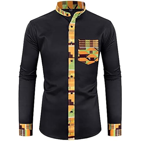 siliteelon Men's African Printed Shirts Grandad Collar Long Sleeve Shirts with Pockets, Color: Black, Size: S Cover
