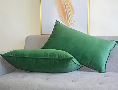 Lutanky Velvet Cushion Covers 30 x 50 cm Green Decorative Rectangle Throw Pillow Covers (Pack of 2) Soft Oblong Piped Pillowcases for Sofa Bedroom with Invisible Zipper 12x20 Inch - Image 2