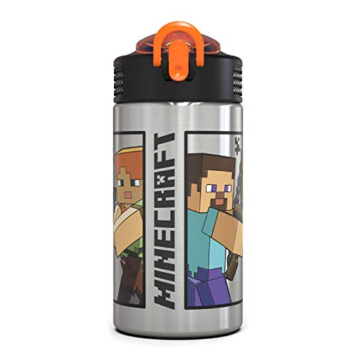 Zak Designs Minecraft - Stainless Steel Water Bottle with One Hand Operation Action
