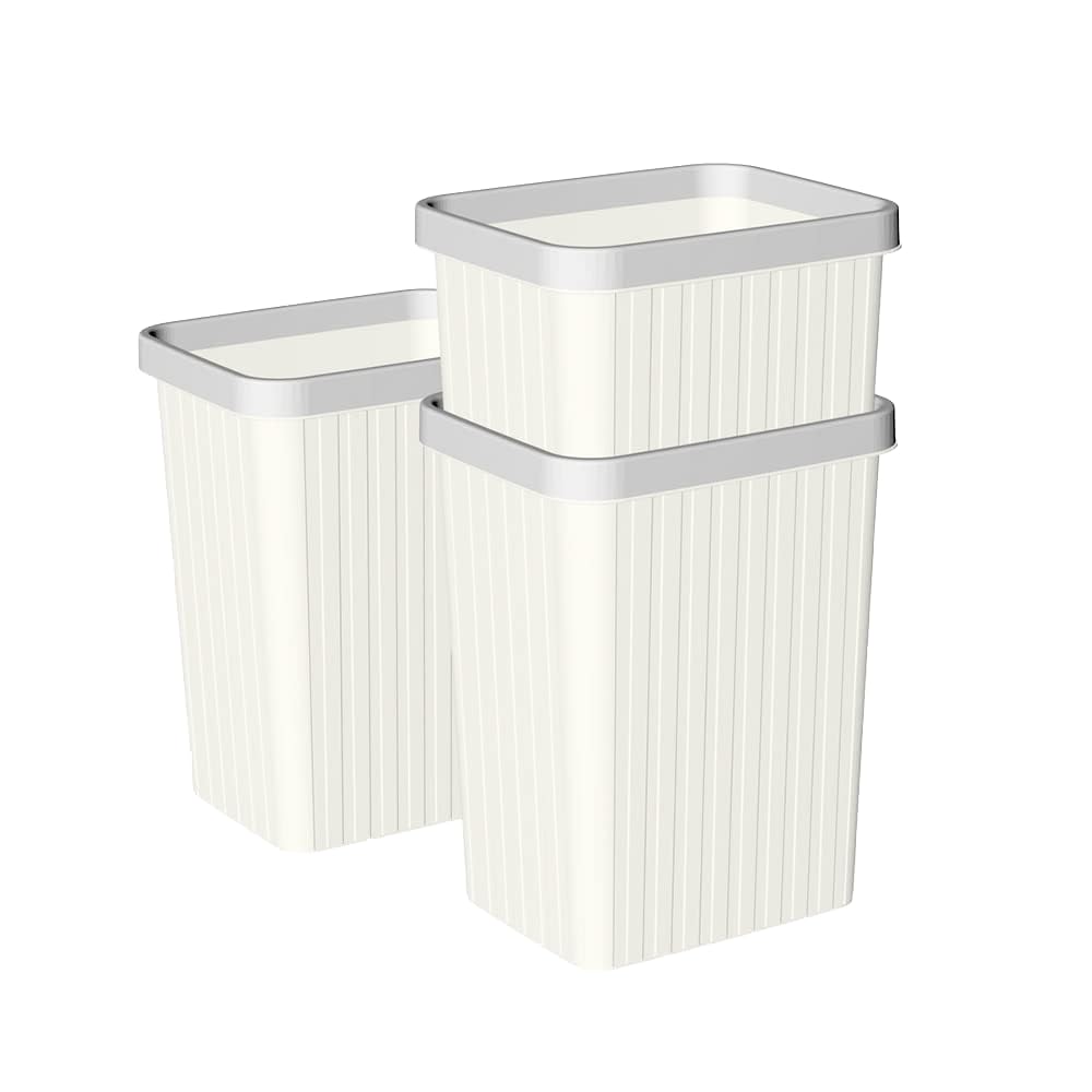 Cetomo 8.2L*3 Plastic Waste Paper Bin, Trash Can, Small Bins, Bedroom Bin, Square Waste Basket with Rim Lid and Solid Stripe for Kitchen Rooms, Nesting, Matte, Frosted, Minimalist, White, 8.2L(3 Pack)
