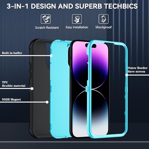 Image of SunStory Compatible with iPhone 14 Pro Case with HD Screen Protector, 3-Layer Heavy Duty Full-Body Cover,3 in 1 Hybrid Protective Case for iPhone 14 Pro 6.1 inch,BlackSkyBlue