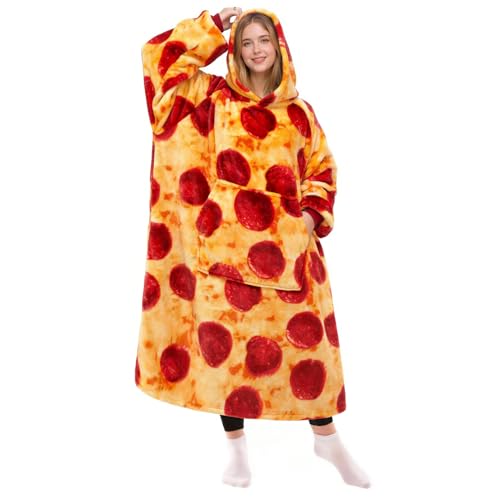 KPBLIS Wearable Blanket Hoodie for Women Men, Cozy Hoodie Blankets Sweatshirt Birthday Gifts for Women Mom Wife, Warm Fleece Hooded Blanket with Sleeves for Adults, Pizzas Red