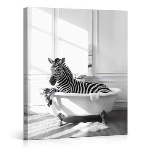 Funny Zebra Bathroom Wall Art Print - Black and White Zebra Poster Picture - Funny Animal Wall Decor for Bathroom Canvas Framed 8x10 Inches