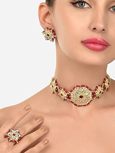 Crystal Beaded Ethnic Kundan Choker Necklace Earring & Ring Set