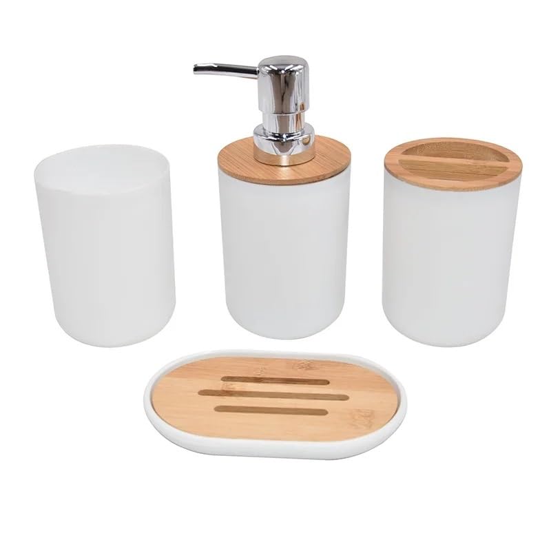 Set di accessori da bagno in bambù, dispenser di sapone, portaspazzolino, portasapone, porta scopino, cestino bianco, 4 pezzi A