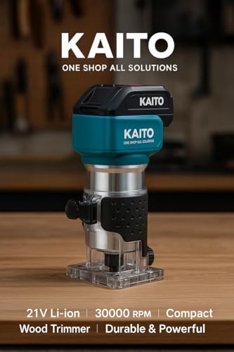 Image of KAITO 21V Cordless Wood Trimmer Machine | 30,000 RPM Brushless Router | 6 Variable Speed | Trimmer Indicator | 2 Li-ion Batteries, Fast Charger, Fixed Base | Wood Cutting, Edge Trimming & Molding Tool