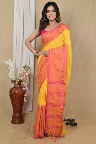 Image of eC ESHA'S COLLECTION Women's Cotton Blend Begumpuri Handloom Saree With Unstitched Running Blouse Piece