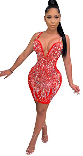 Womens Sexy Sleeveless V Neck Mesh Pearls Rhinestone Bodycon Party Clubwear Dress (M, red)