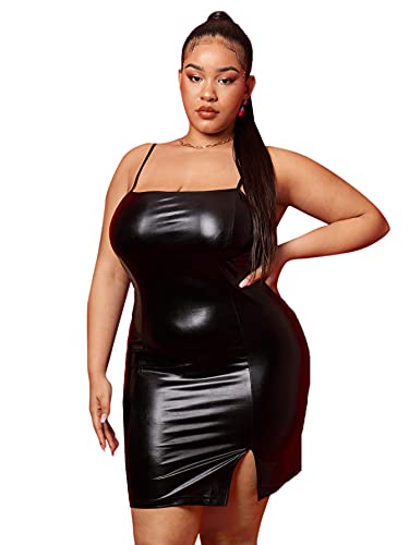 Shein Women's Plus Pu Leather Slit Mini Bodycon Dress Sleeveless Backless Split Short Cami Dresses Black X-Large Plus #TOP2