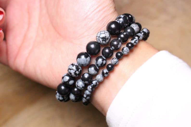 Bracelet obsidienne flocon de neige, idée cadeau Saint-Valentin