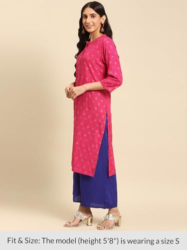 Image of rangita Pink Rayon Calf Length Printed A-line Kurti for Women | Kurta for Women