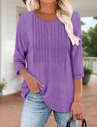 KISSMODA Tunic Tops for Women Loose Fit Dressy Round Neck Pleated 3/4 Length Sleeve Spring Tops