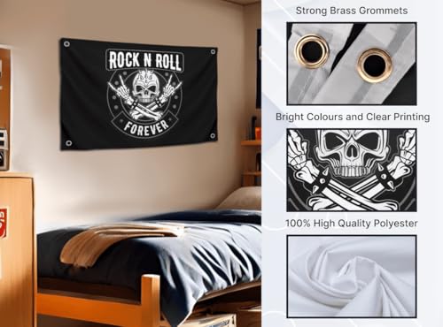 Bandeira preta musical de 9,5 x 1,5 m Rock N Roll Forever com quatro argolas de latão - Banners de c
