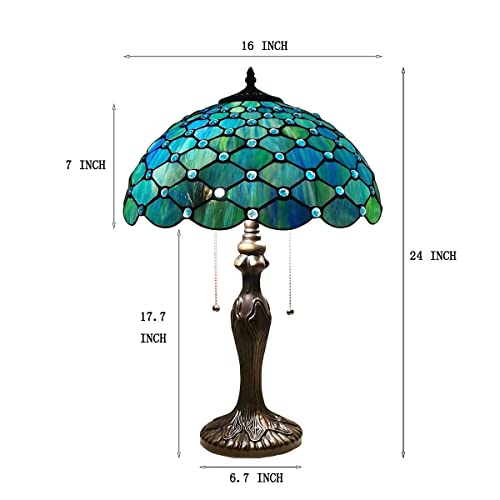 Zjart Tiffany Lamp Blue Stained Glass Peal Bead Style Reading Table Lamp W16H24 Inch Bedside Nightstand Desk Work Study Desktop Light Decor Home Kids Bedroom Living Room Office Pull Chain Switch #TOP5