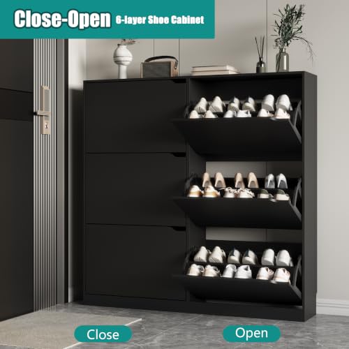 Image of Xixini Shoe Storage Cabinet for Entryway with 6 Flip Drawers, Sturdy Wood Hidden Shoe Storage, Freestanding Narrow Slim Shoe Organizer for Front Door Entrance, Living Room, Hallway, Bedroom, Black