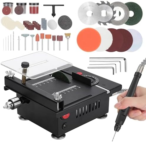 LVCHEN Mini Table Saw, Carving Cutting and Sanding in one Tabletop Chainsaw, Speed And Angle Adjustable 100w Mini Crafts Table Saw