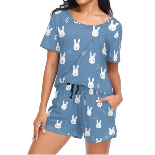 Image of Mnsruu Rabbit Blue Background Womens Pyjamas Sets Short Sleeves Pjs Set XXL
