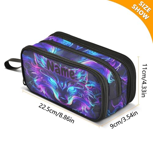 Image of Custom Mystical Wolf Face Pencil Case Box Boys Girls Personalized Name Large Pencil Pouch Stationery Pen Bag Organizer for Kids Adults School Office
