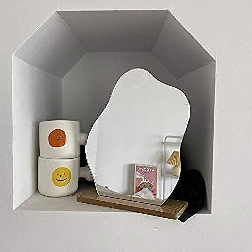 YAHUIPEIUS Acrylic Makeup Mirror Frameless Decorative Vanity Table Mirror Makeup Irregular Shape with Wooden Base for Bedroom,Living Room and Minimal Spaces Room Decor (A)