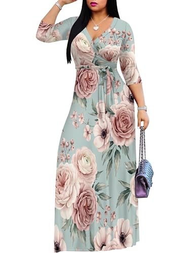 Image of PinkPatty Women's Plus Size Maxi Dresses Casual Flowy 3 /4 Sleeves Dress Printed Vacation Dress for Daily Wear with Belt